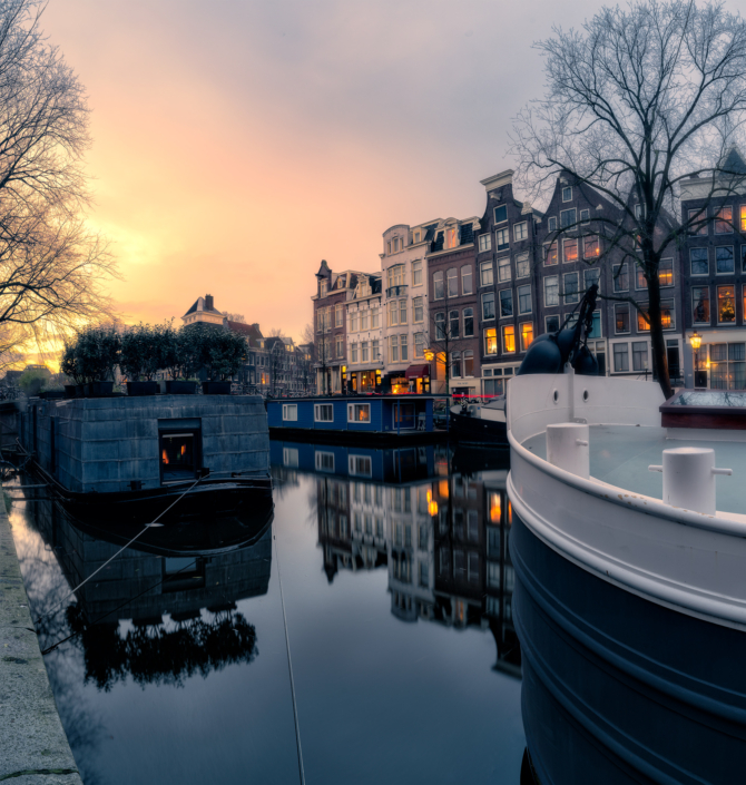 Amsterdam canal at sunset