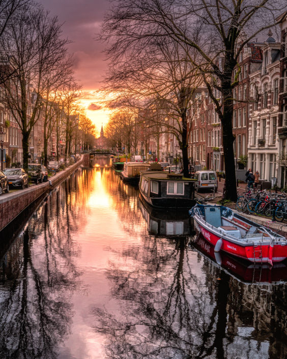 Amsterdam canal at sunset